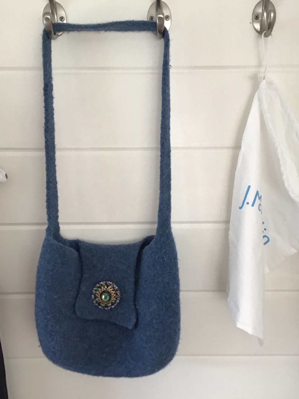 Blue Felt Shoulder Bag with Decorative Brooch -